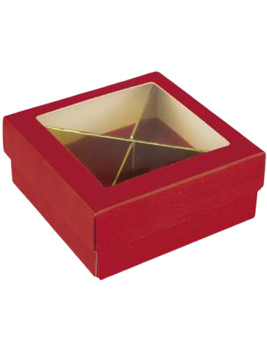 20 SCATOLE BOMBONIERE CARTONE ROSSO + DIVISORE SUPERFICIE TRASP. 10x10x4,5 CM LAUREA (BOX)